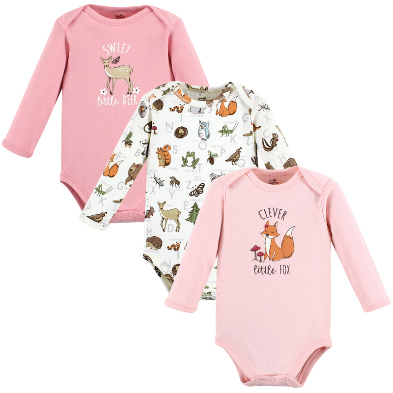 Touched by Nature Organic Cotton Long-Sleeve Bodysuits, Girl Woodland Alphabet 3-Pack