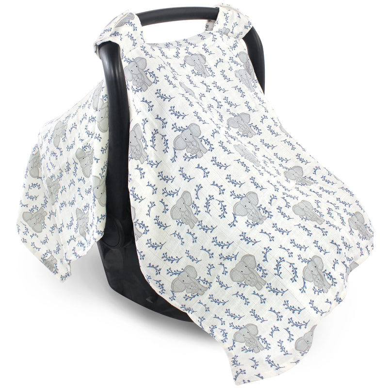 Touched by Nature Organic Muslin Car Seat Canopy, Blue Elephant, One Size