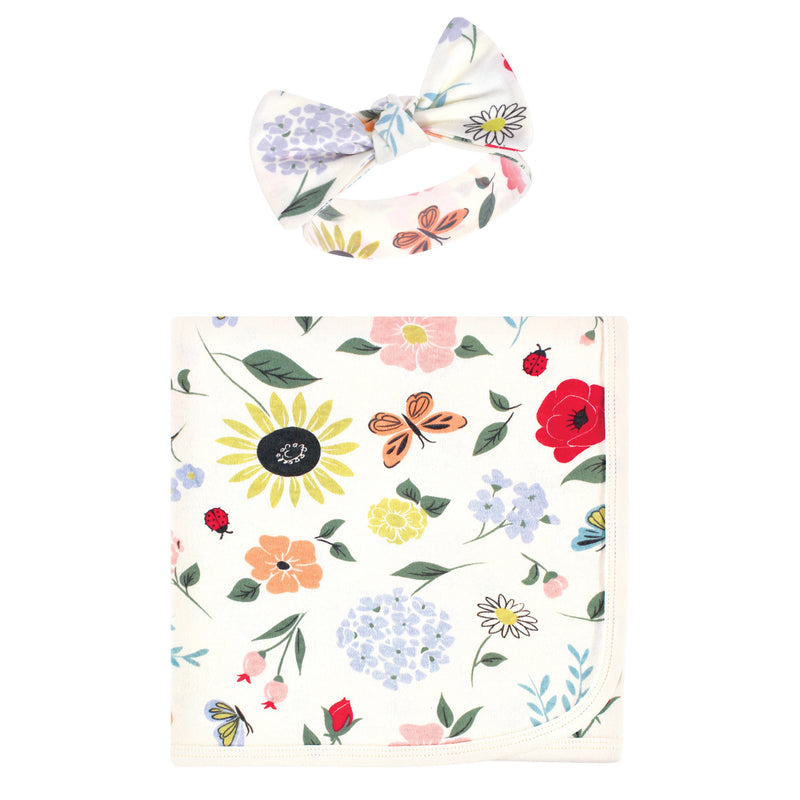 Touched by Nature Organic Cotton Swaddle Blanket and Headband or Cap, Flutter Garden