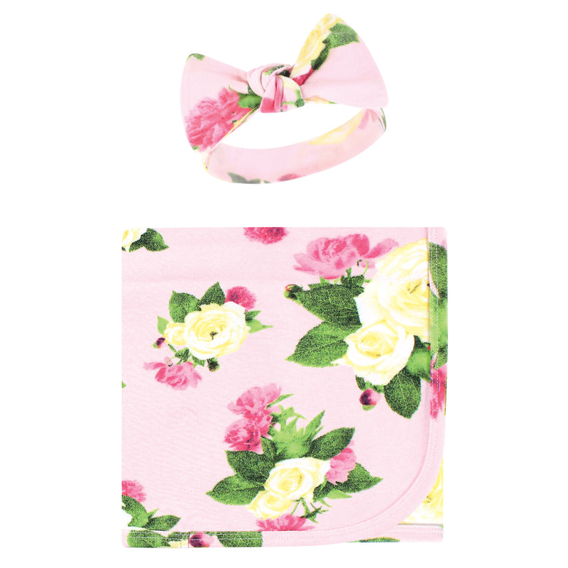 Touched by Nature Organic Cotton Swaddle Blanket and Headband or Cap, Rose Peony