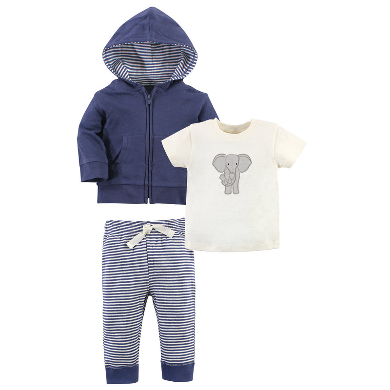 Touched by Nature Organic Cotton Hoodie, Bodysuit or Tee Top, and Pant, Stripe Elephant Toddler
