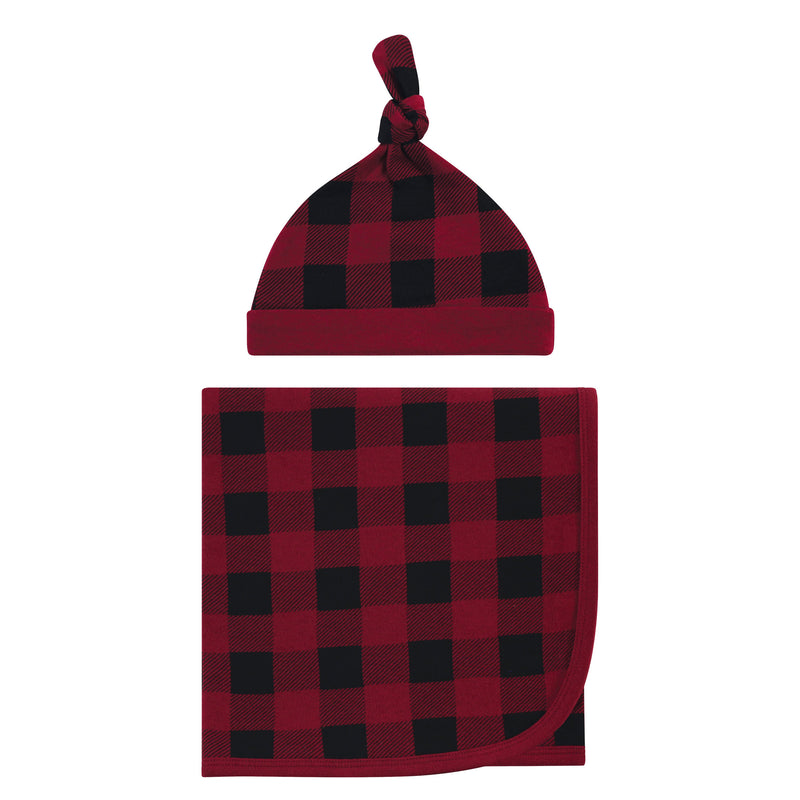 Touched by Nature Organic Cotton Swaddle Blanket and Headband or Cap, Buffalo Plaid