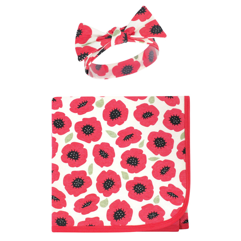 Touched by Nature Organic Cotton Swaddle Blanket and Headband or Cap, Poppy