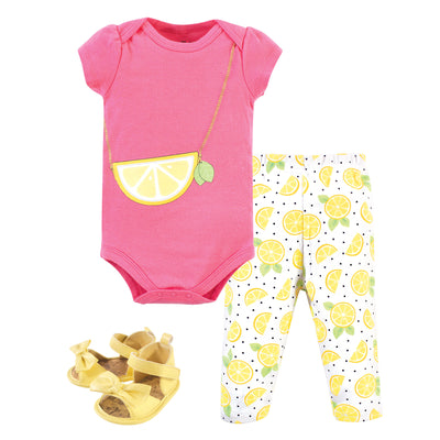 Little Treasure Cotton Bodysuit, Pant and Shoe Set, Lemon Purse