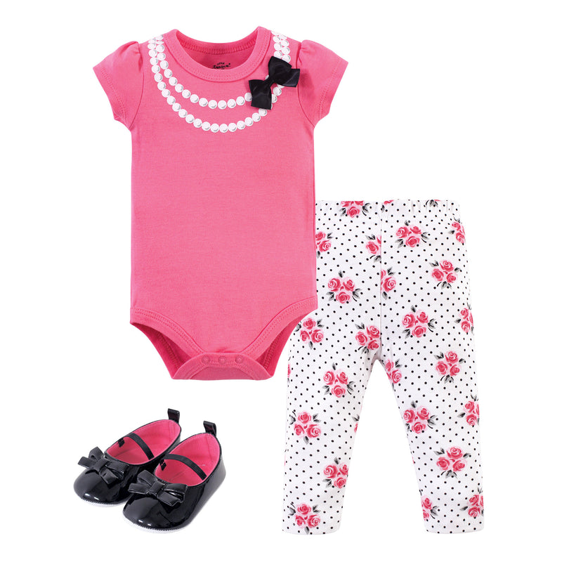 Little Treasure Cotton Bodysuit, Pant and Shoe Set, Pink Pearls