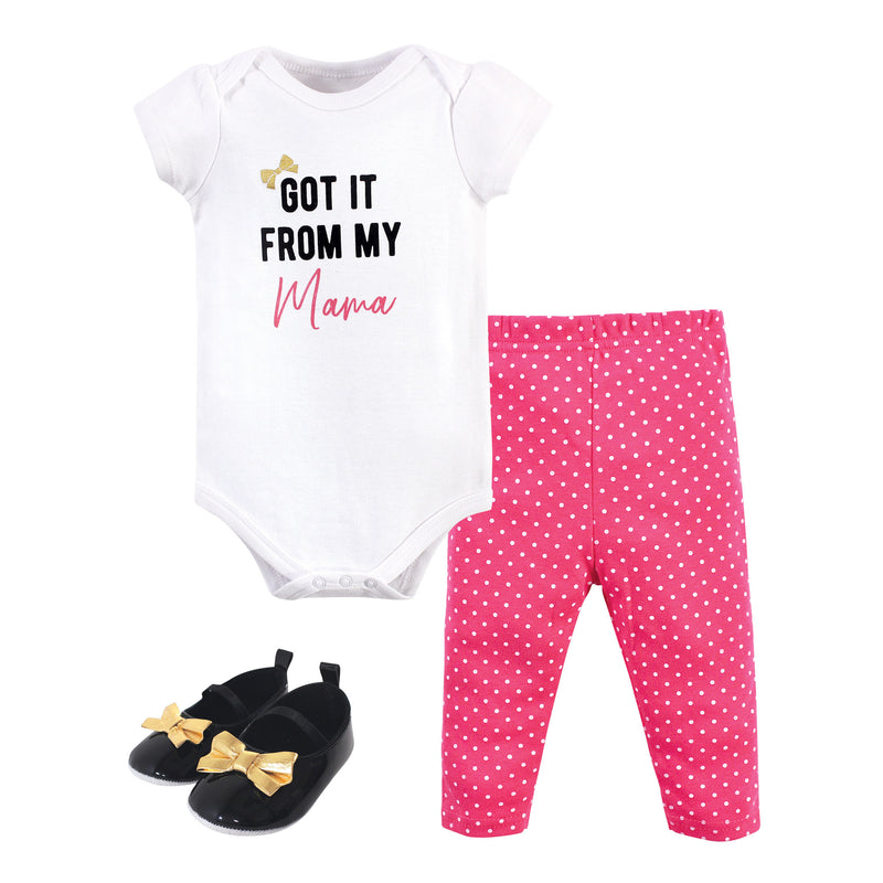 Little Treasure Cotton Bodysuit, Pant and Shoe Set, Dk. Pink Mama