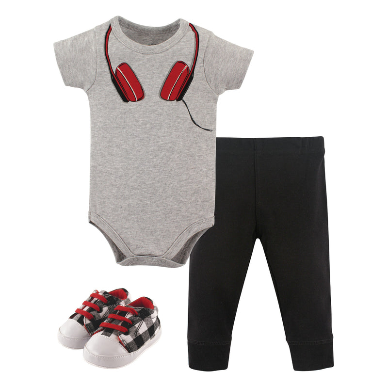 Little Treasure Cotton Bodysuit, Pant and Shoe Set, Headphones Short-Sleeve