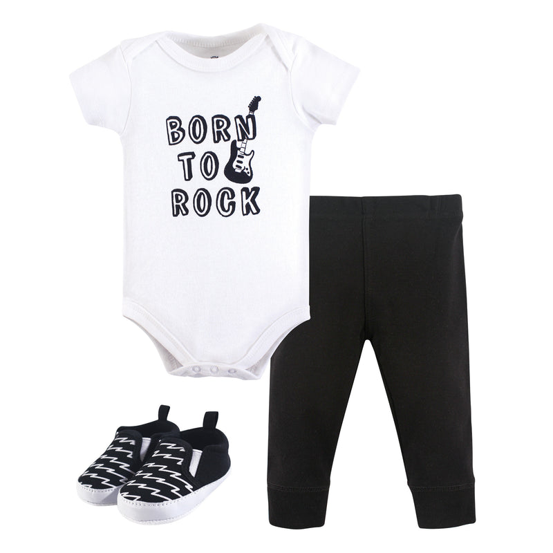 Little Treasure Cotton Bodysuit, Pant and Shoe Set, Born To Rock