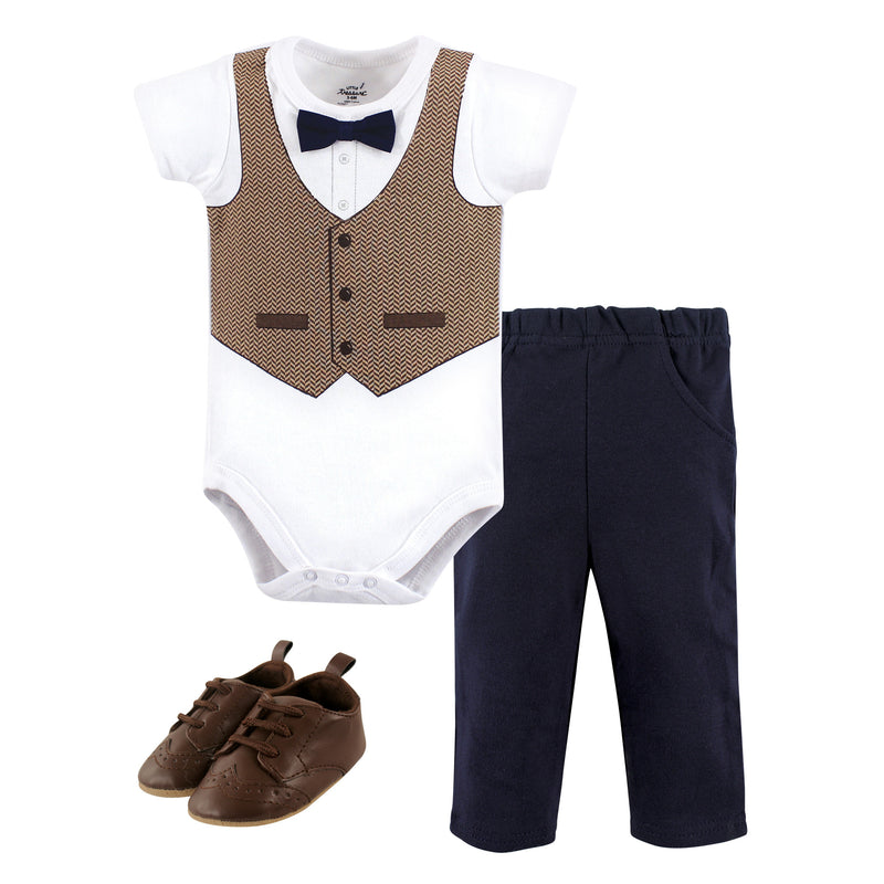 Little Treasure Cotton Bodysuit, Pant and Shoe Set, Herringbone Vest Short-Sleeve