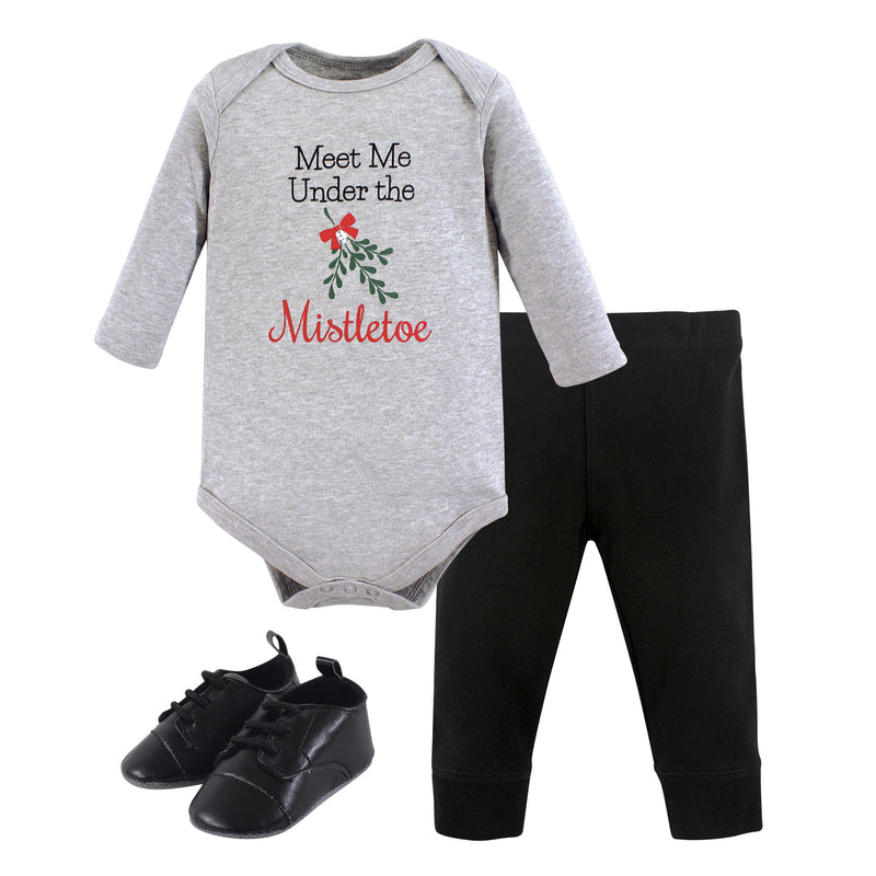 Little Treasure Cotton Bodysuit, Pant and Shoe Set, Mistletoe