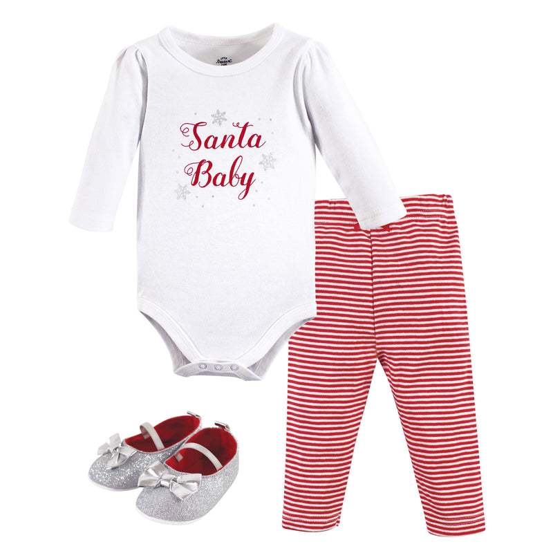 Little Treasure Cotton Bodysuit, Pant and Shoe Set, Santa Baby
