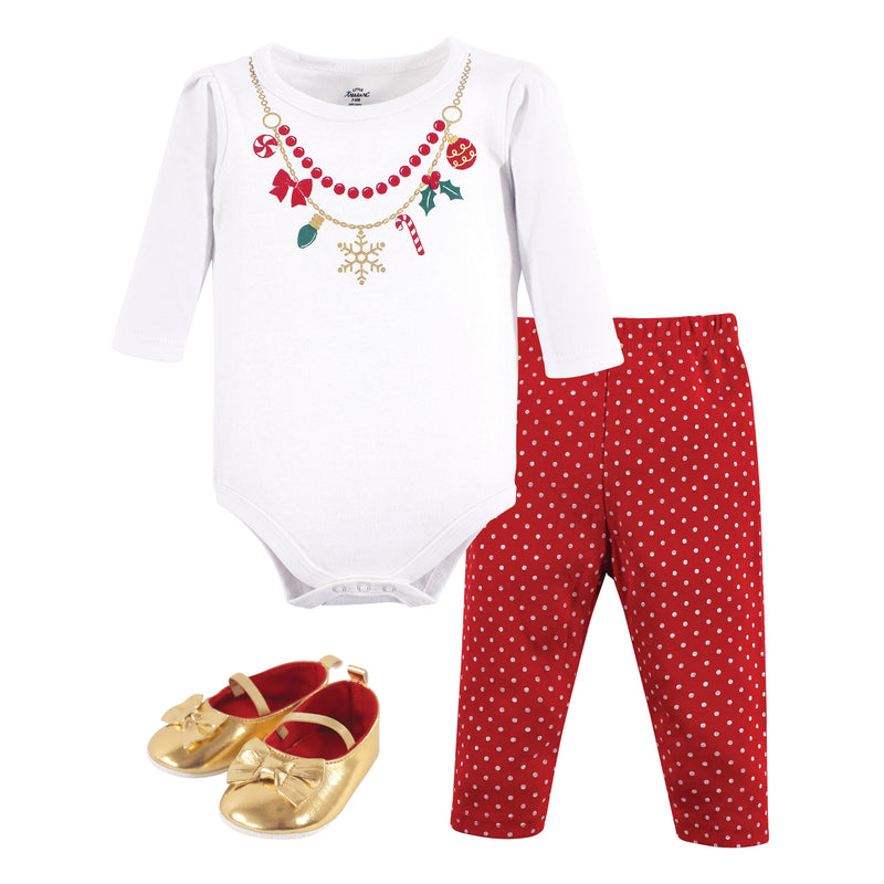 Little Treasure Cotton Bodysuit, Pant and Shoe Set, Christmas Necklace