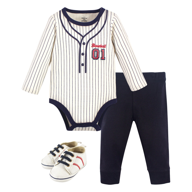 Little Treasure Cotton Bodysuit, Pant and Shoe Set, Baseball