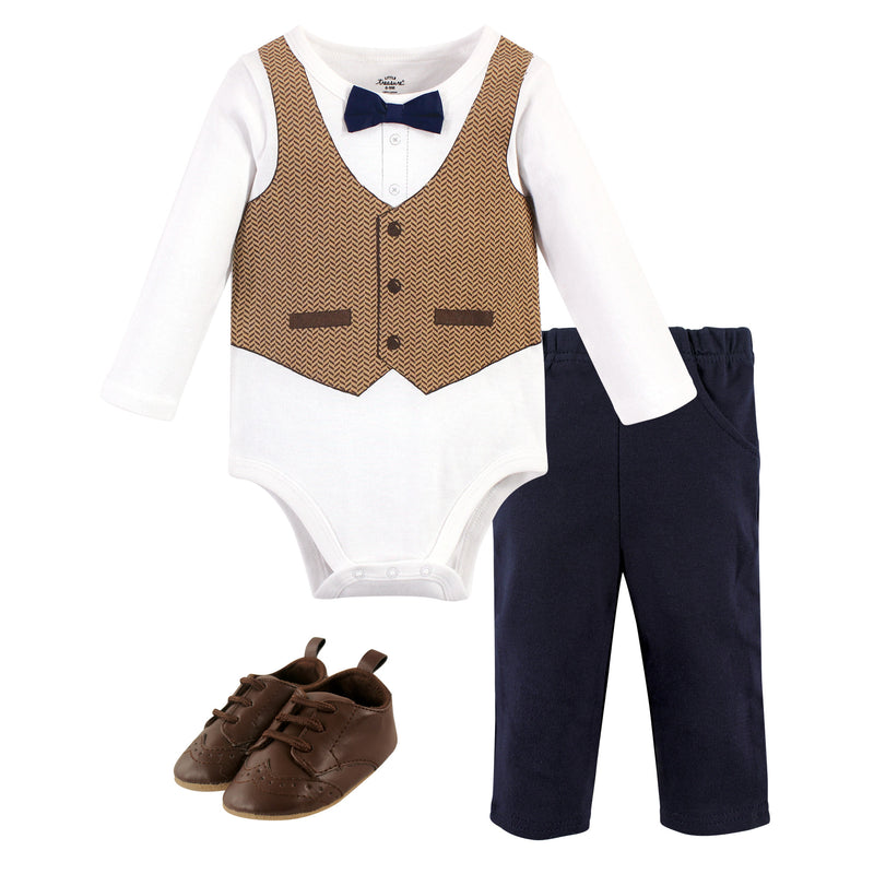 Little Treasure Cotton Bodysuit, Pant and Shoe Set, Herringbone Vest