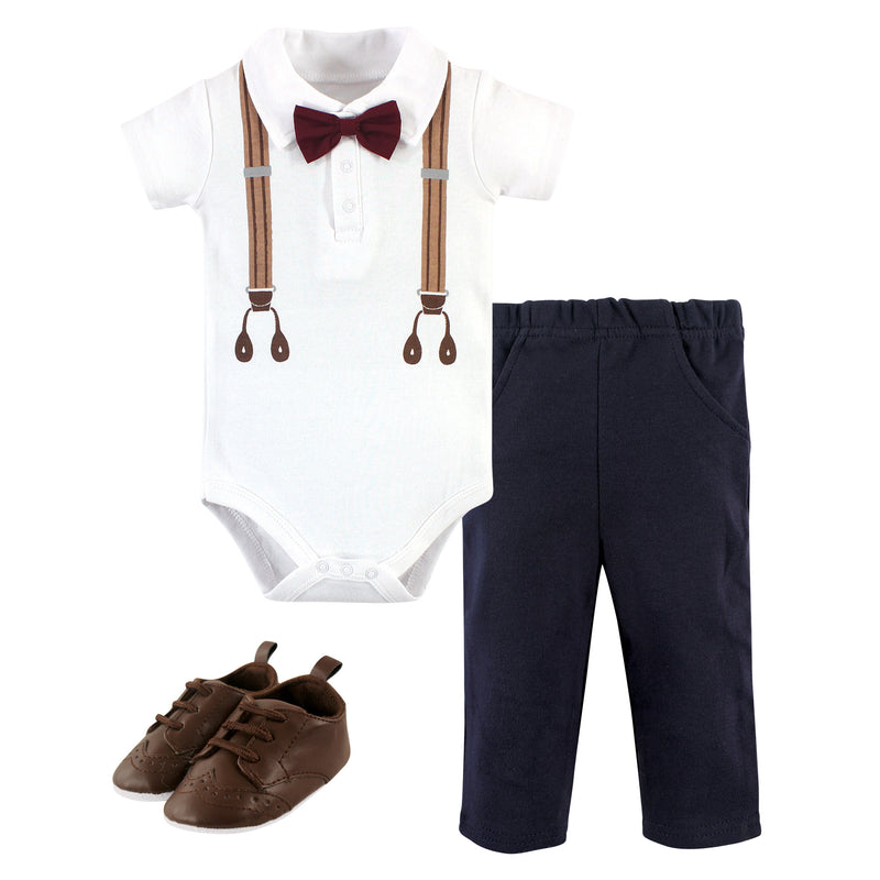 Little Treasure Cotton Bodysuit, Pant and Shoe Set, Brown Suspenders