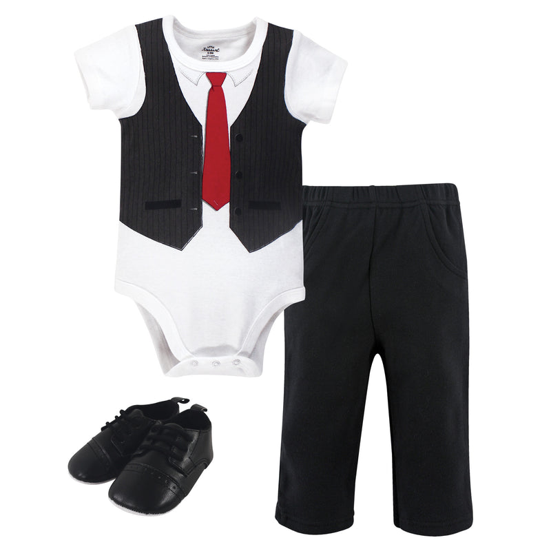 Little Treasure Cotton Bodysuit, Pant and Shoe Set, Black Red Vest