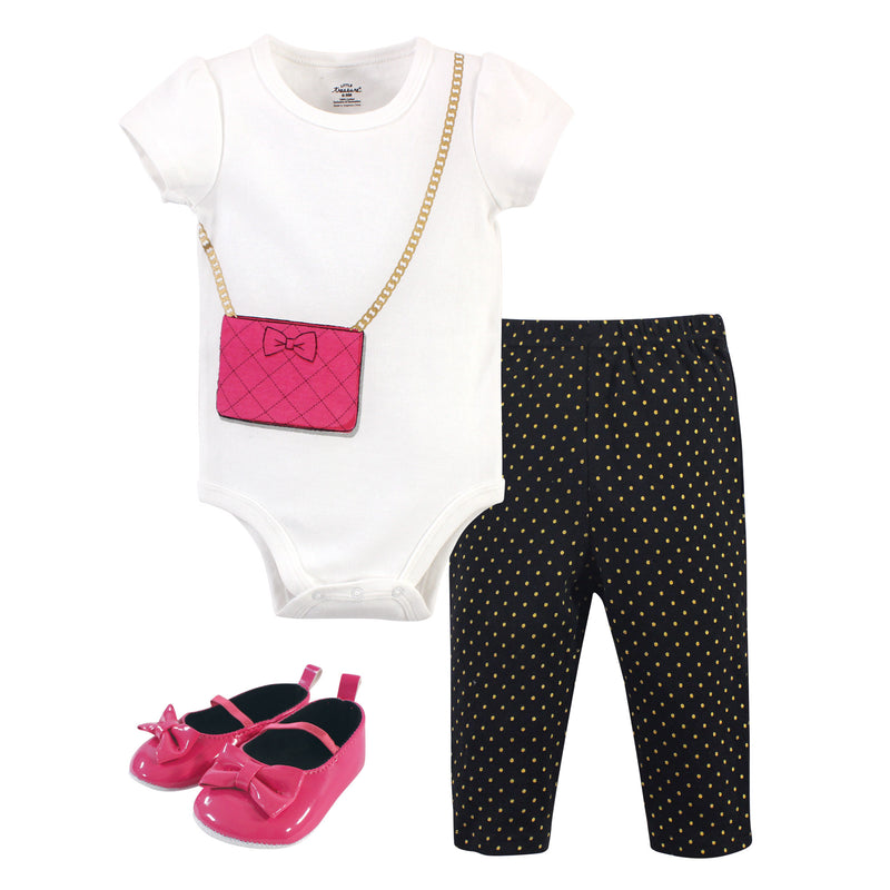 Little Treasure Cotton Bodysuit, Pant and Shoe Set, Dark Pink Purse