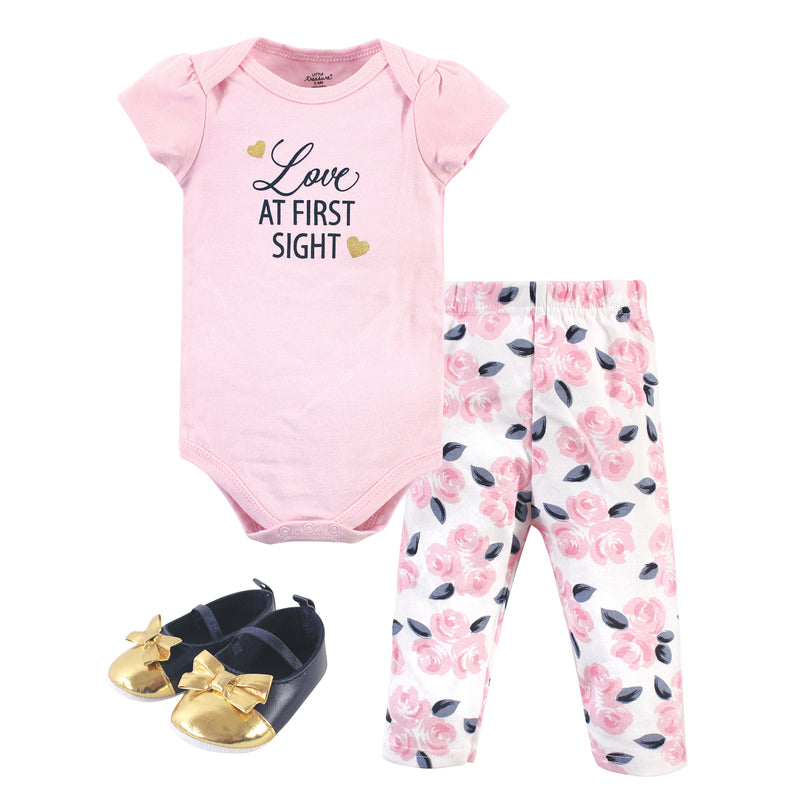 Little Treasure Cotton Bodysuit, Pant and Shoe Set, Love At First Sight
