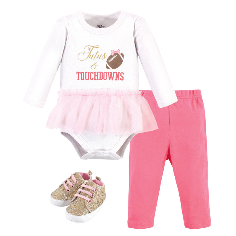 Little Treasure Cotton Bodysuit, Pant and Shoe Set, Tutus Touchdowns