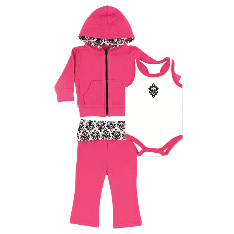 Yoga Sprout Cotton Hoodie, Bodysuit or Tee Top, and Pant, Damask Baby
