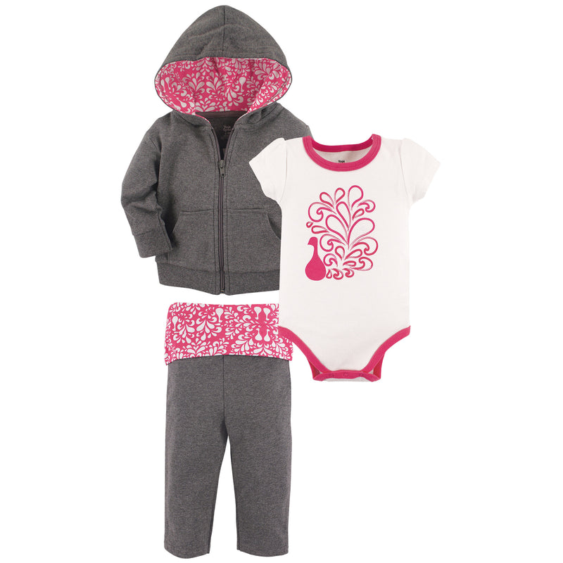 Yoga Sprout Cotton Hoodie, Bodysuit or Tee Top, and Pant, Peacock Baby