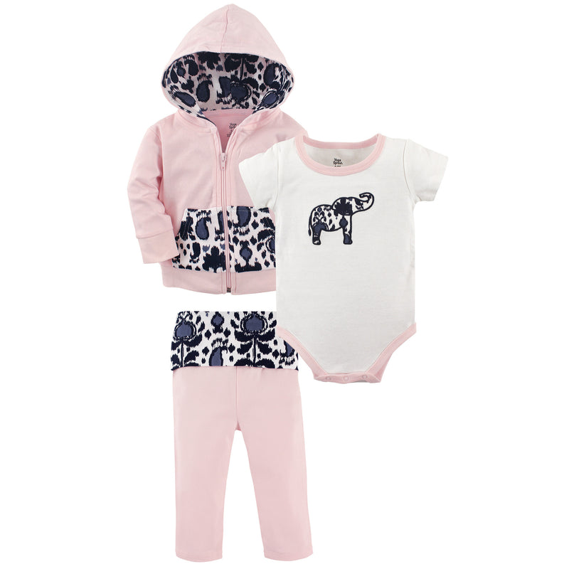 Yoga Sprout Cotton Hoodie, Bodysuit or Tee Top, and Pant, Ikat Elephant Baby